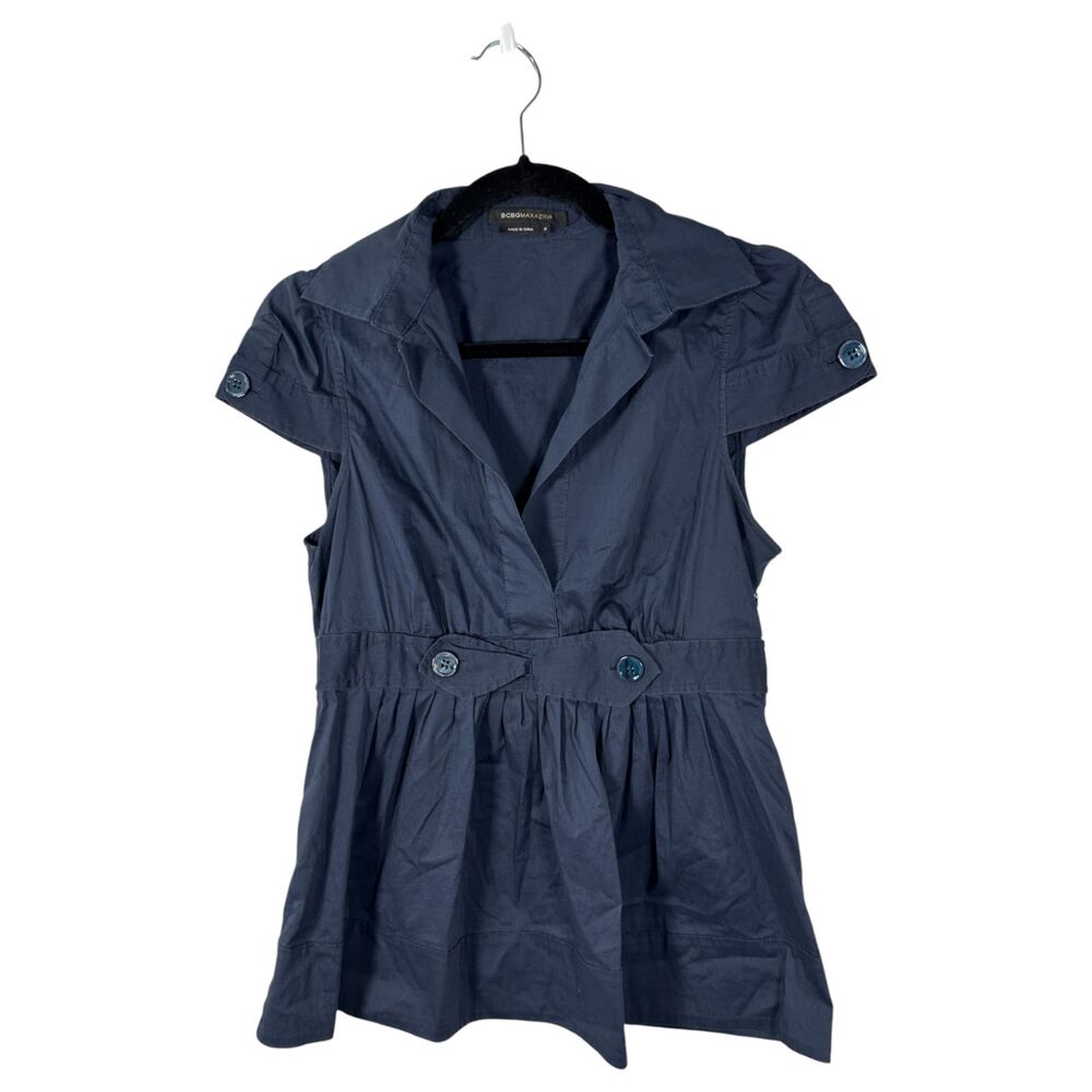 BCBG Max Azria Navy Blue Babydoll Bow Front Cap Sleeve Blouse Size Small